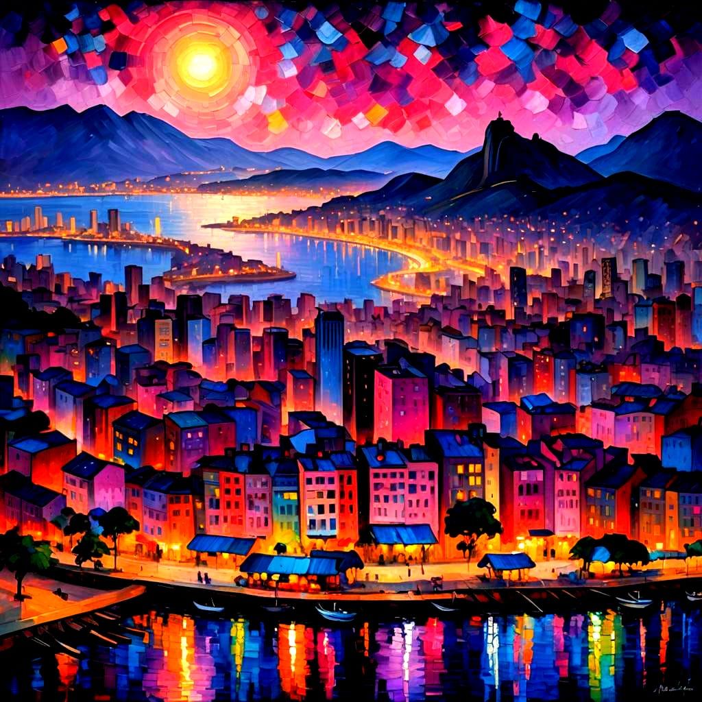 Rio de Janeiro Nightscape in Expressionist Impasto Style