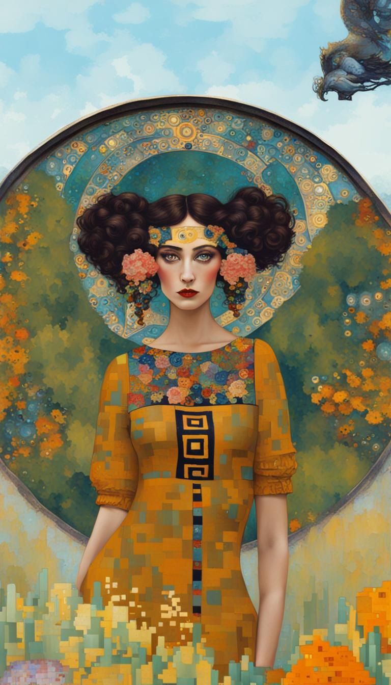 Fantasy Girl in 8-bit Klimt-Inspired Faience