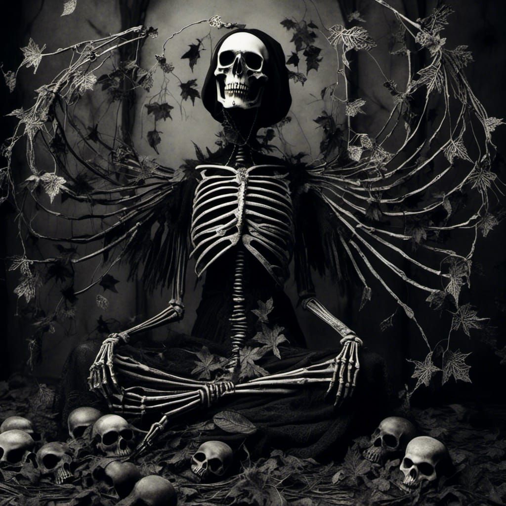 Raven Skeleton Rayograph with Intricate Patterns