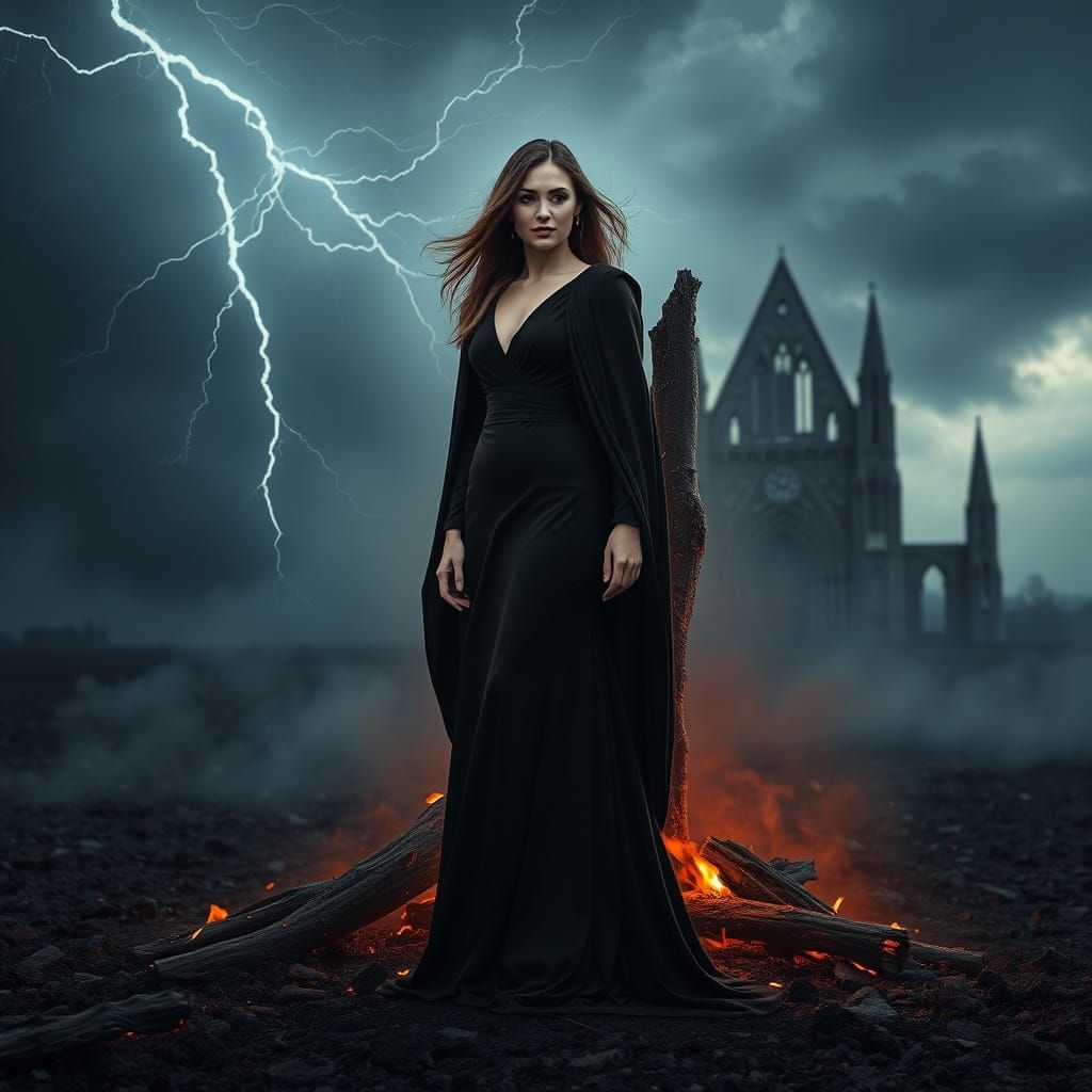 Serene Woman Amidst Scorched Earth in Dark Fantasy Style