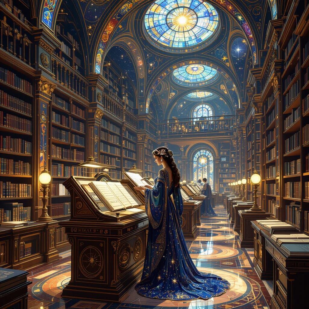 Celestial Librarian in Cosmic Library: Art Nouveau and Baroq...