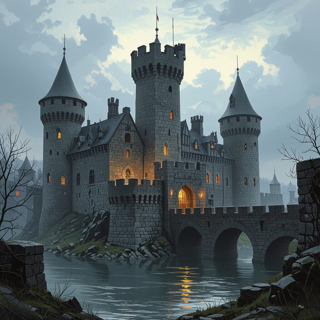 Fantasy Medieval Castle with Moat and Battlements