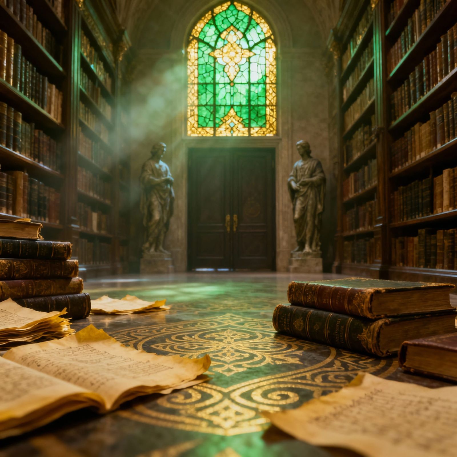 Archive Room with Stained Glass Window in Hyper-Realistic De...