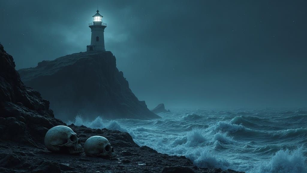 Dark Fantasy Lighthouse on Skull Shoreline Under Starry Sea