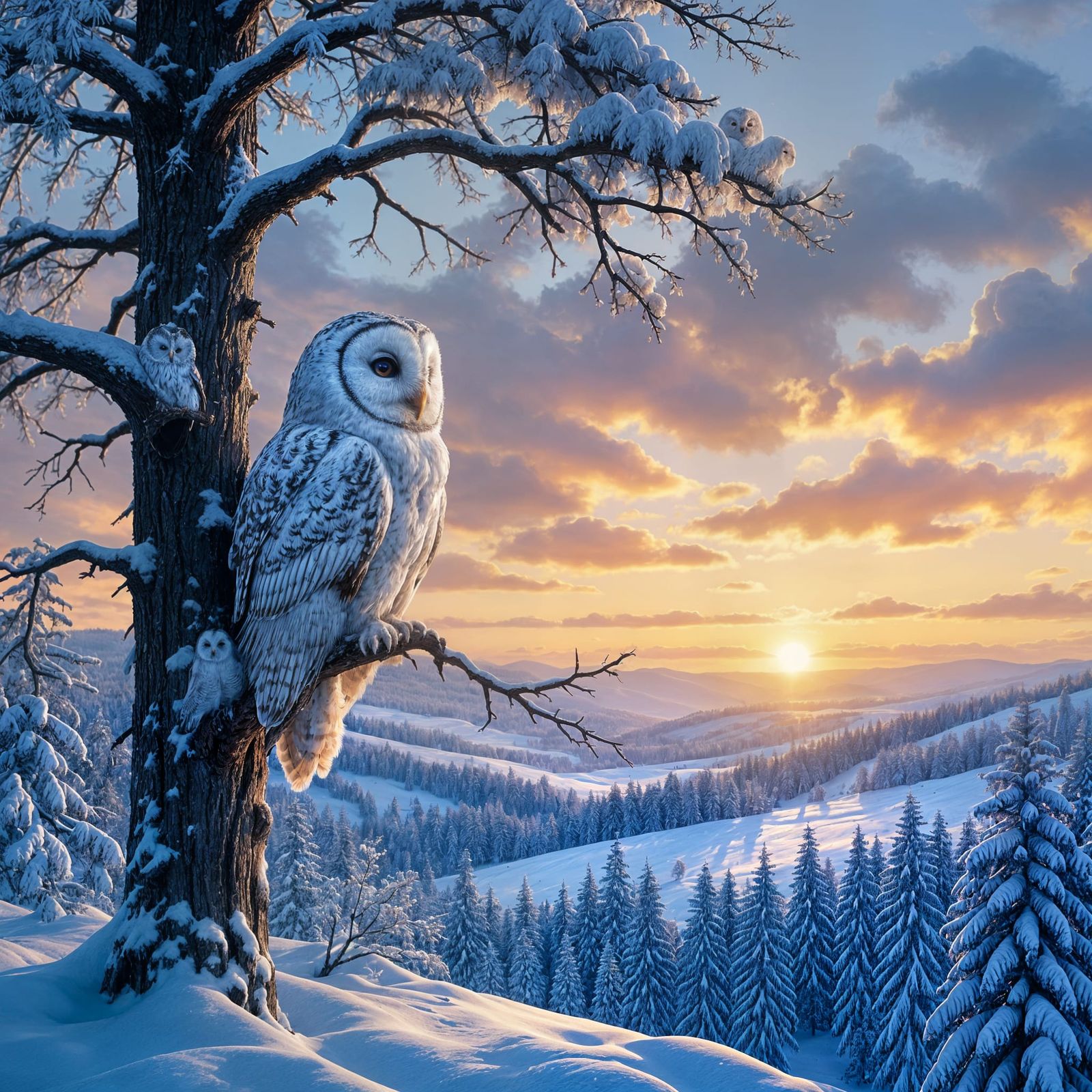 White Owl in Winter Landscape: Digital Painting