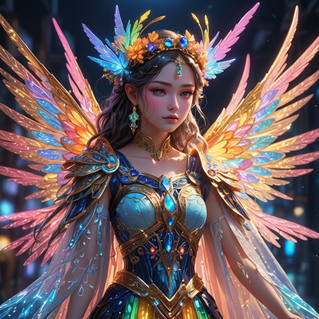 queen of rainbow fairy wearing a luxurious greek gown that covers in neon glowing embroidery