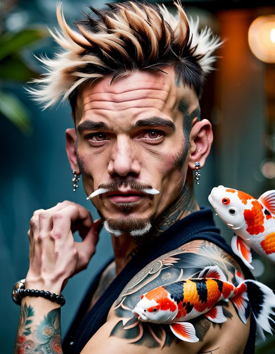 Portrait of Pierced Man with Koi Tattoo