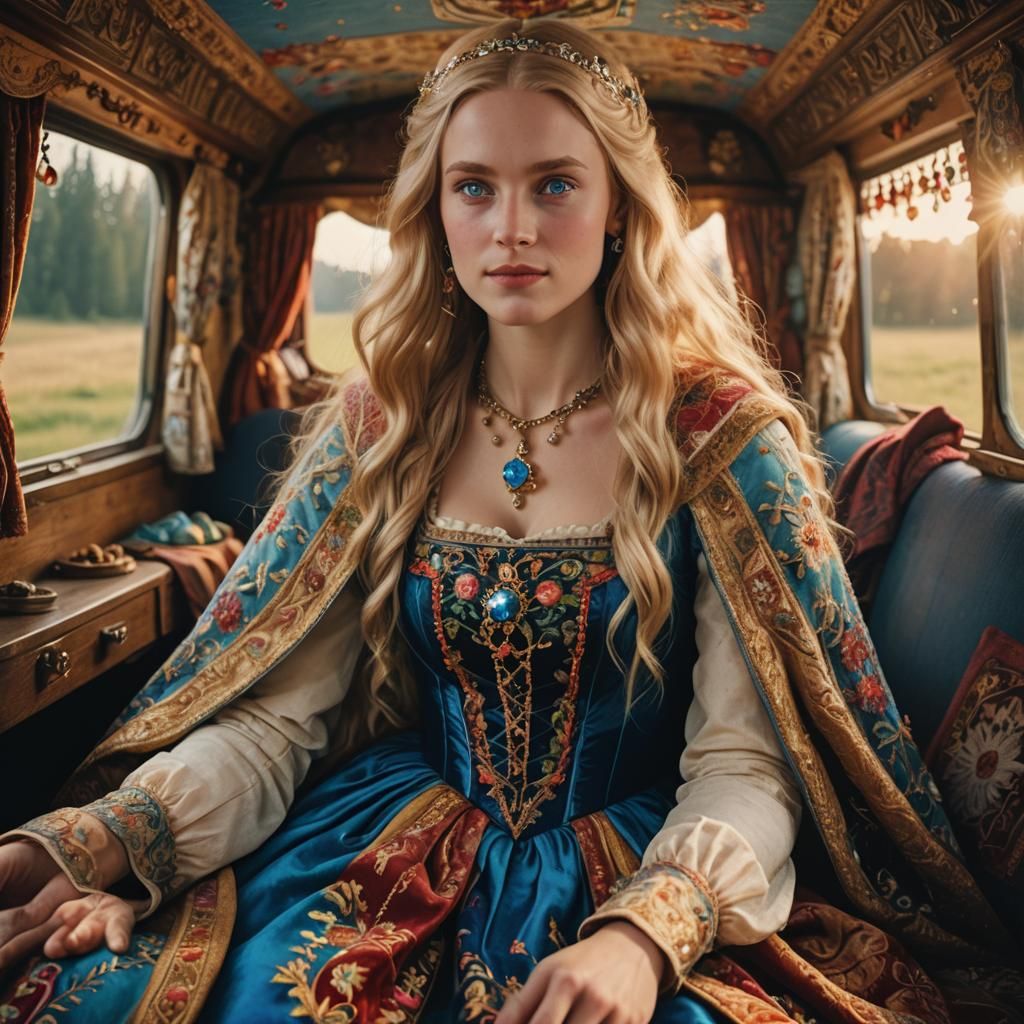 Magnificent Blonde Haired Medieval Queen Riding in Caravan