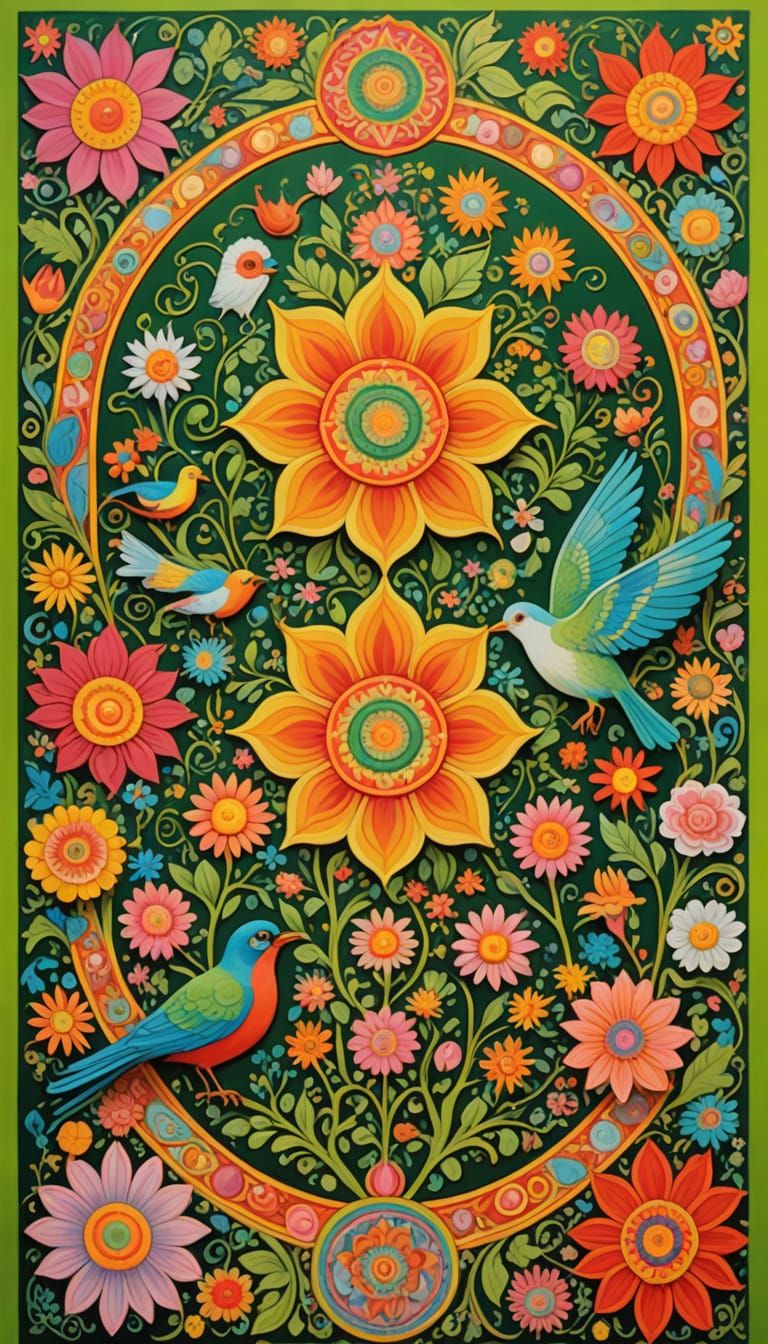 Psychedelic 1968 Concert Poster Art with Flowers and Birds