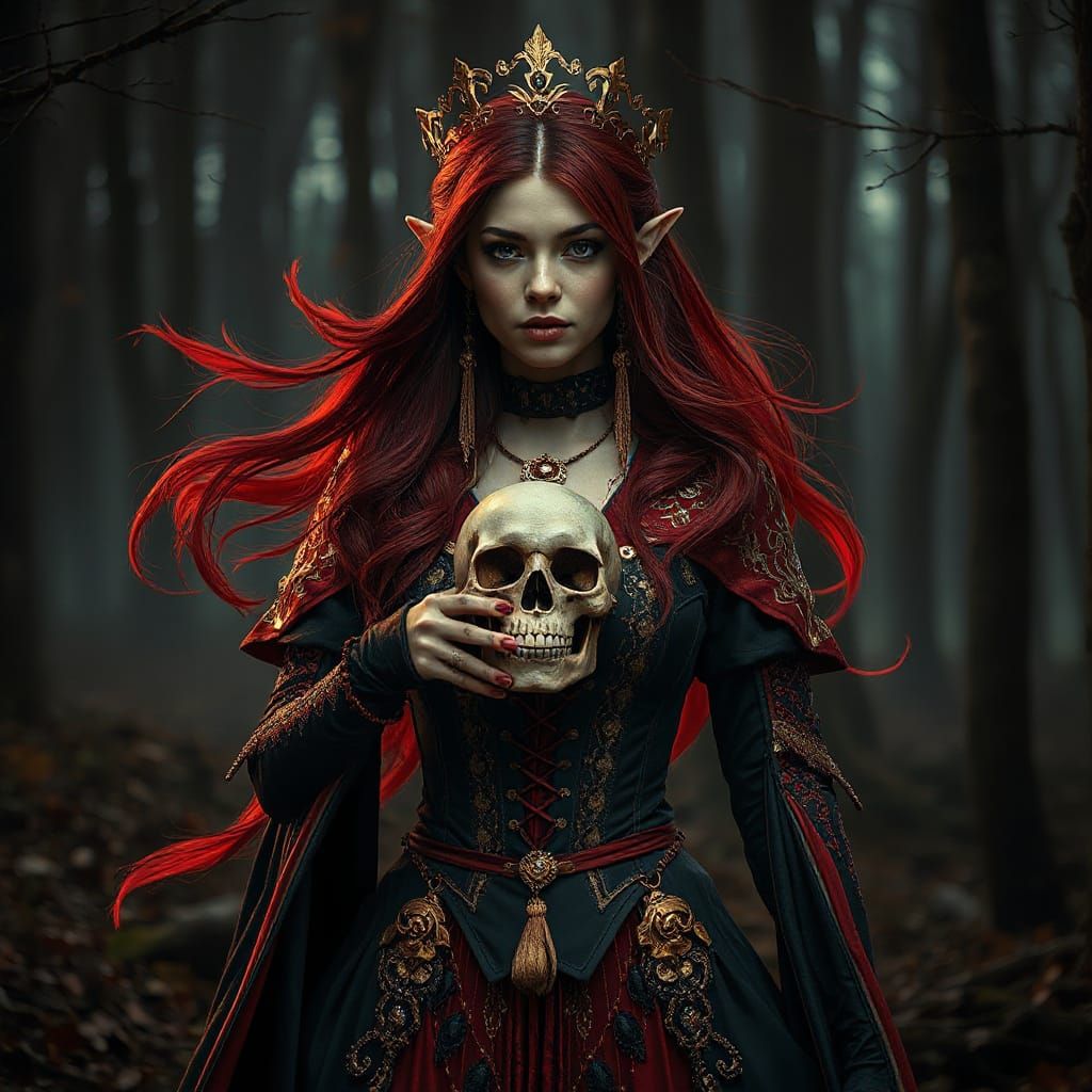 Mystical Elf Queen in Hyperrealistic Night Forest