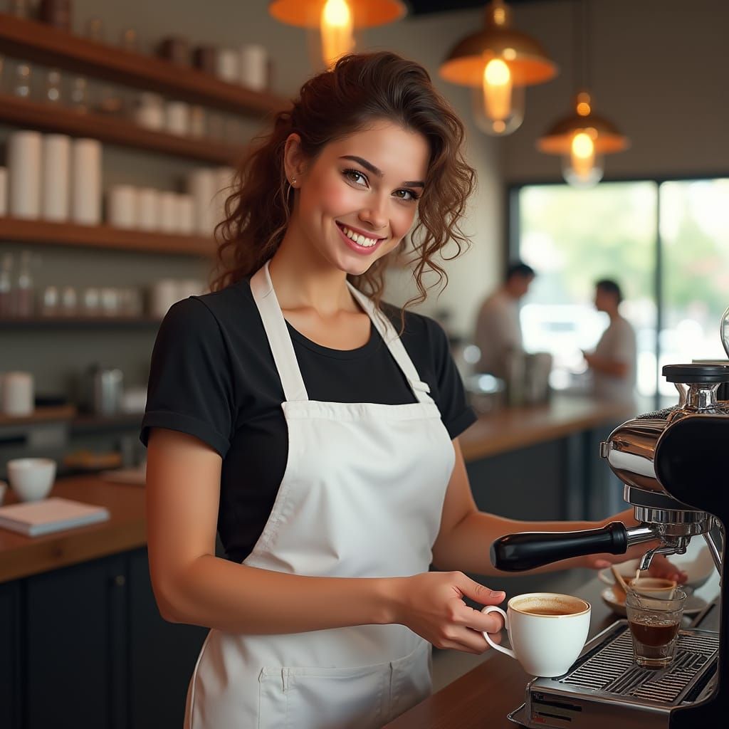 Warm Barista in a Bustling Café Scene