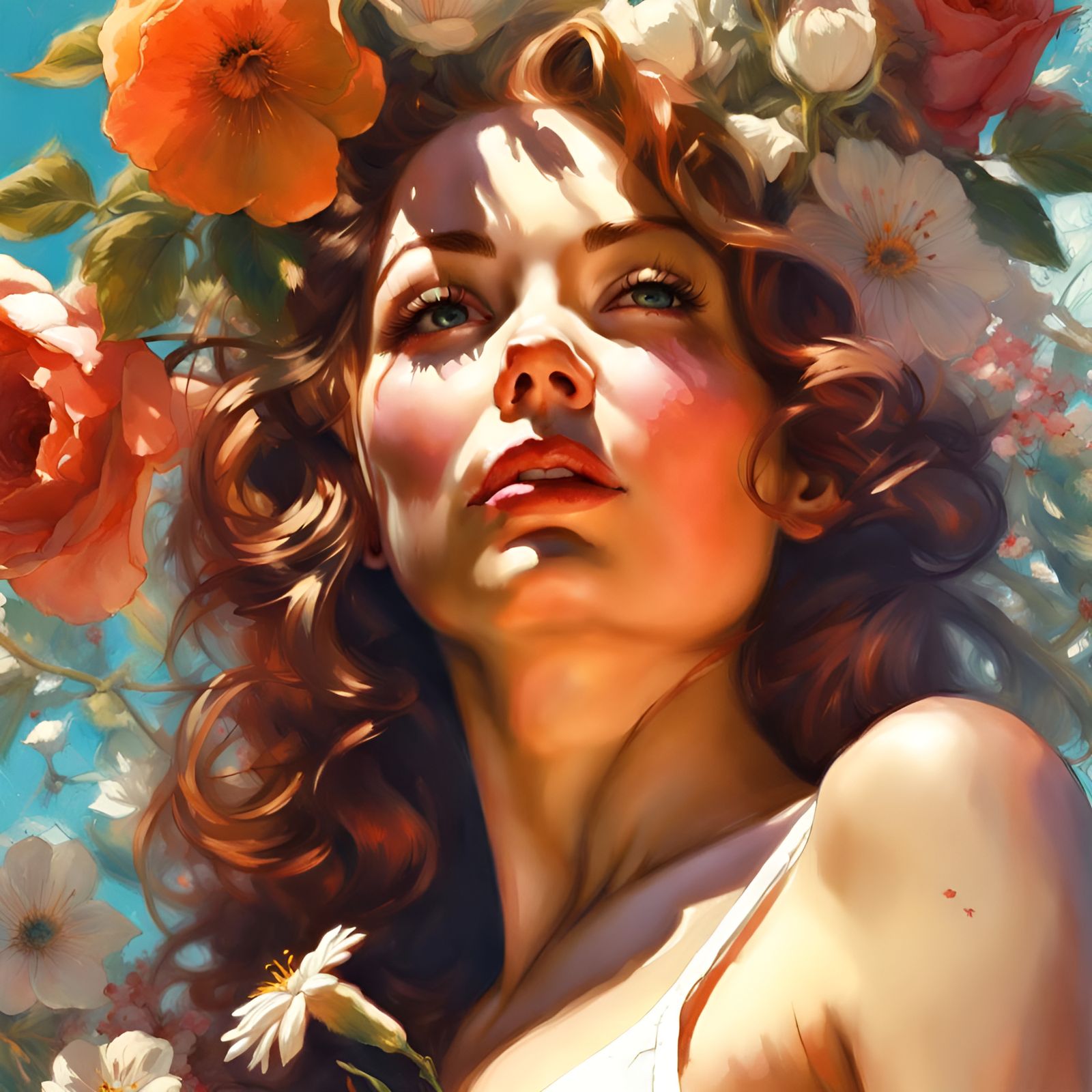 Gorgeous Woman in Bikini Surrounded by Flowers