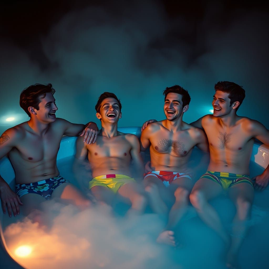 Men in a Vibrant Hot Tub Scene