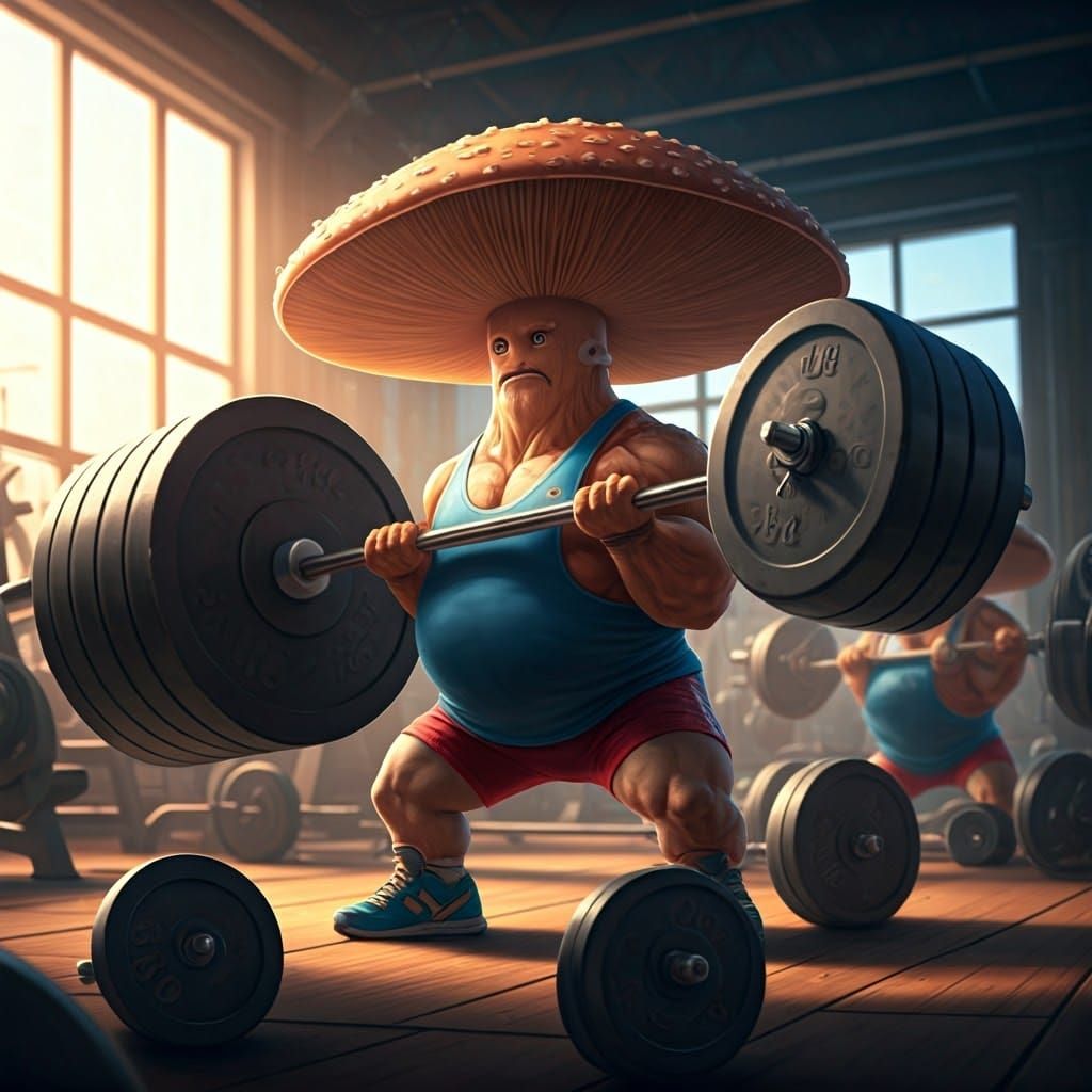 Cyberpunk-Style Mushrooms Powerlifting in a Radiant Gymnasiu...