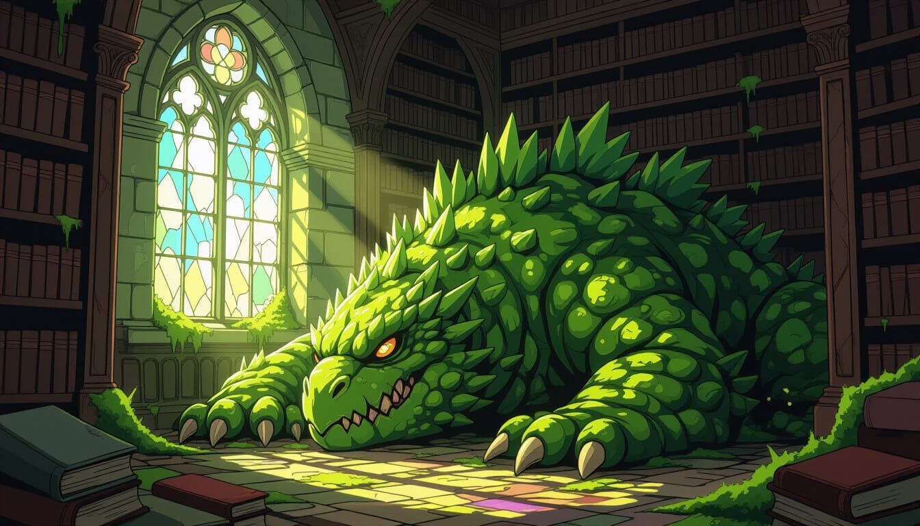 Mossy Monster Sleeps in Ancient Library, Vibrant Splash Art