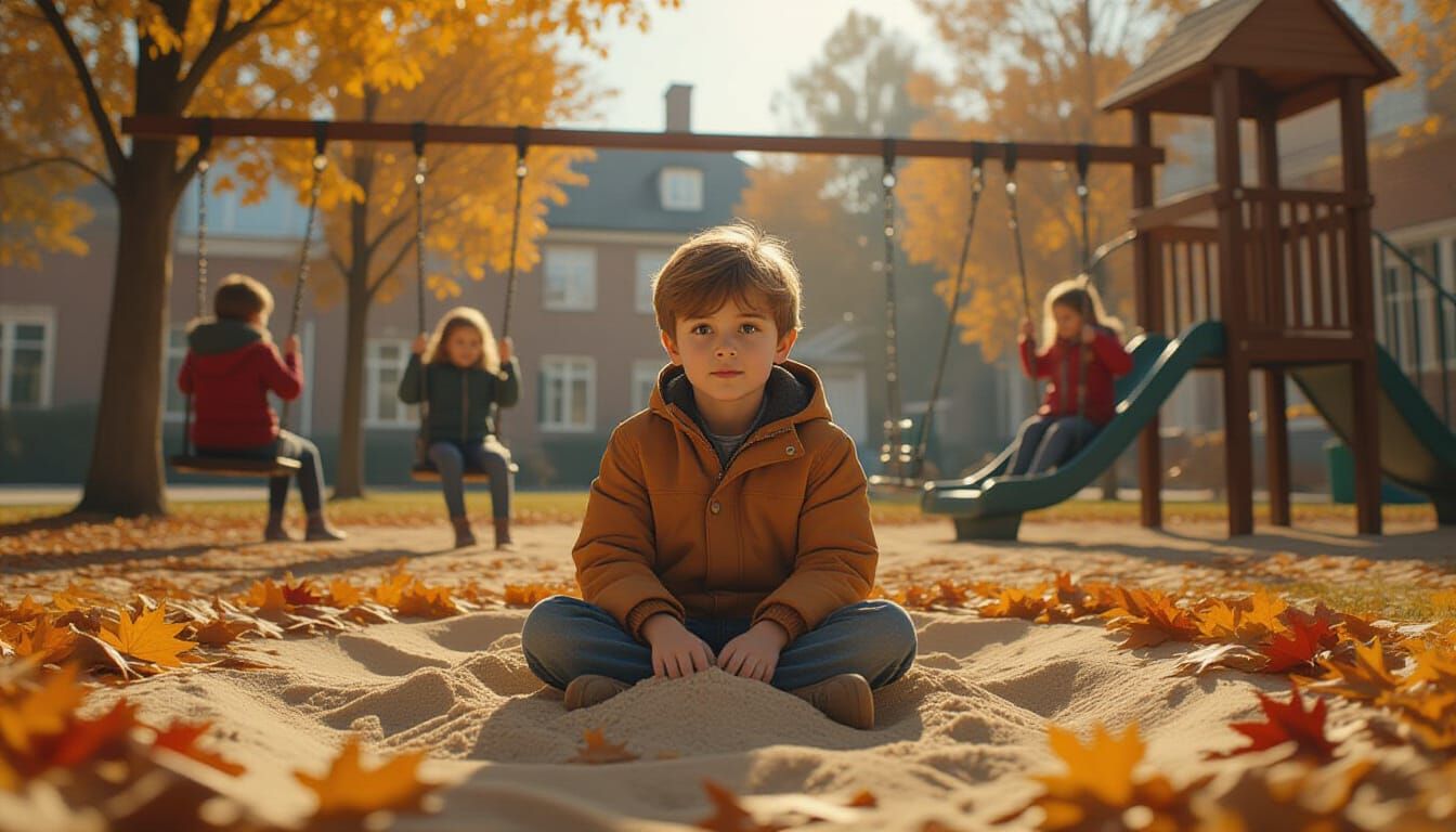 Boy in Sandbox with Autumn Leaves