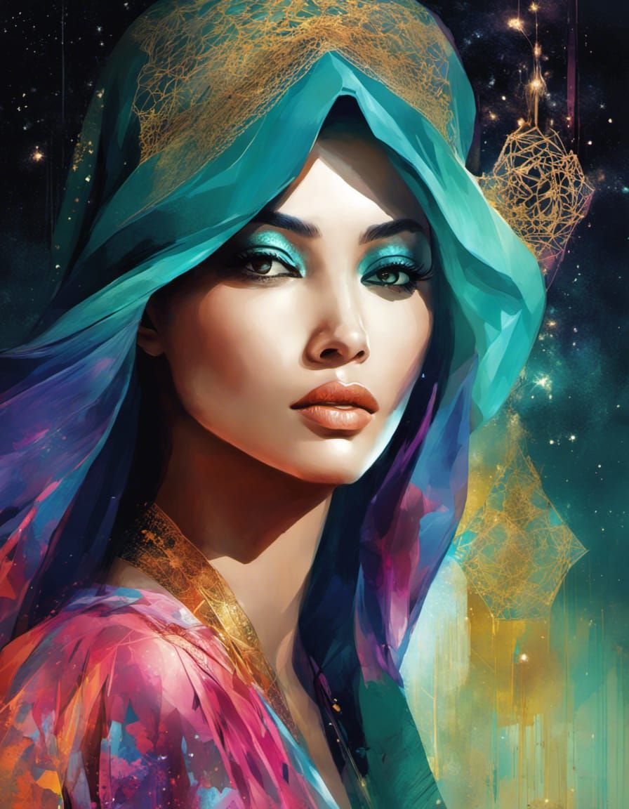 Radiant Portrait of Arabic Woman with Constellation Map