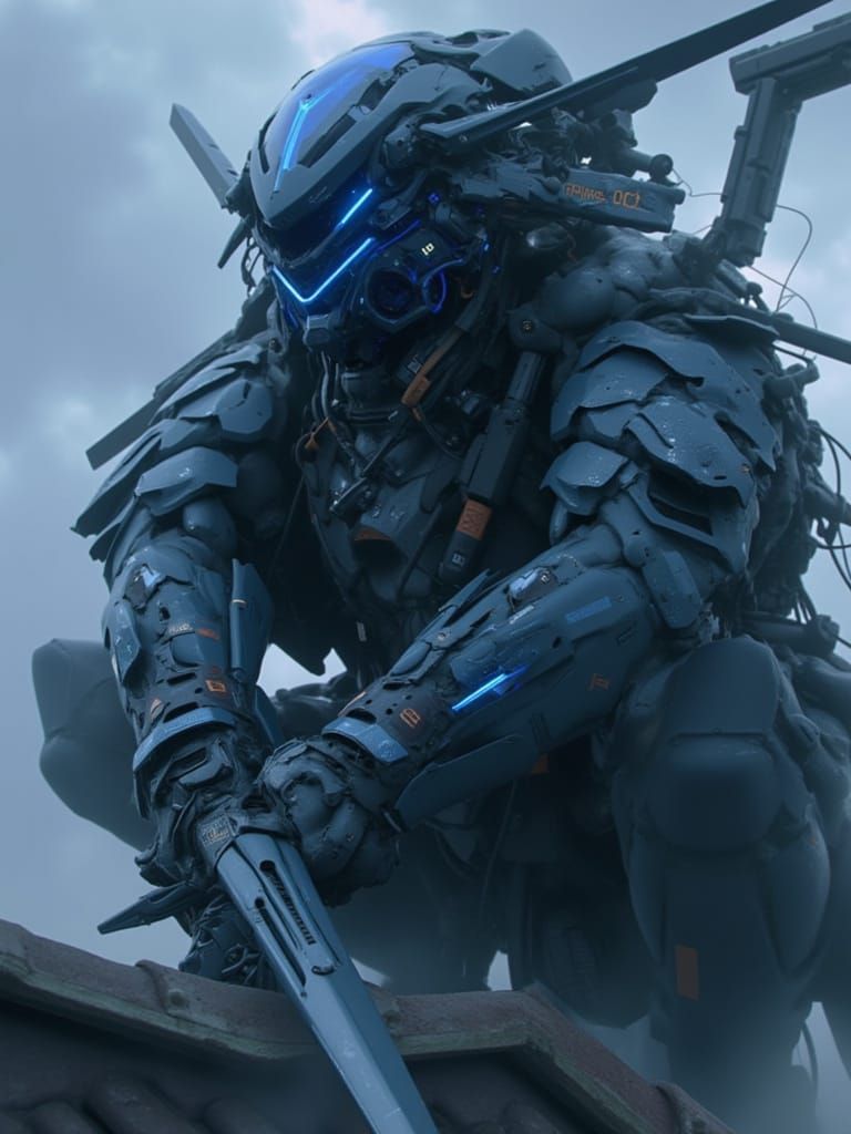 Cyberpunk Ninja on Rooftop with Energy Sword