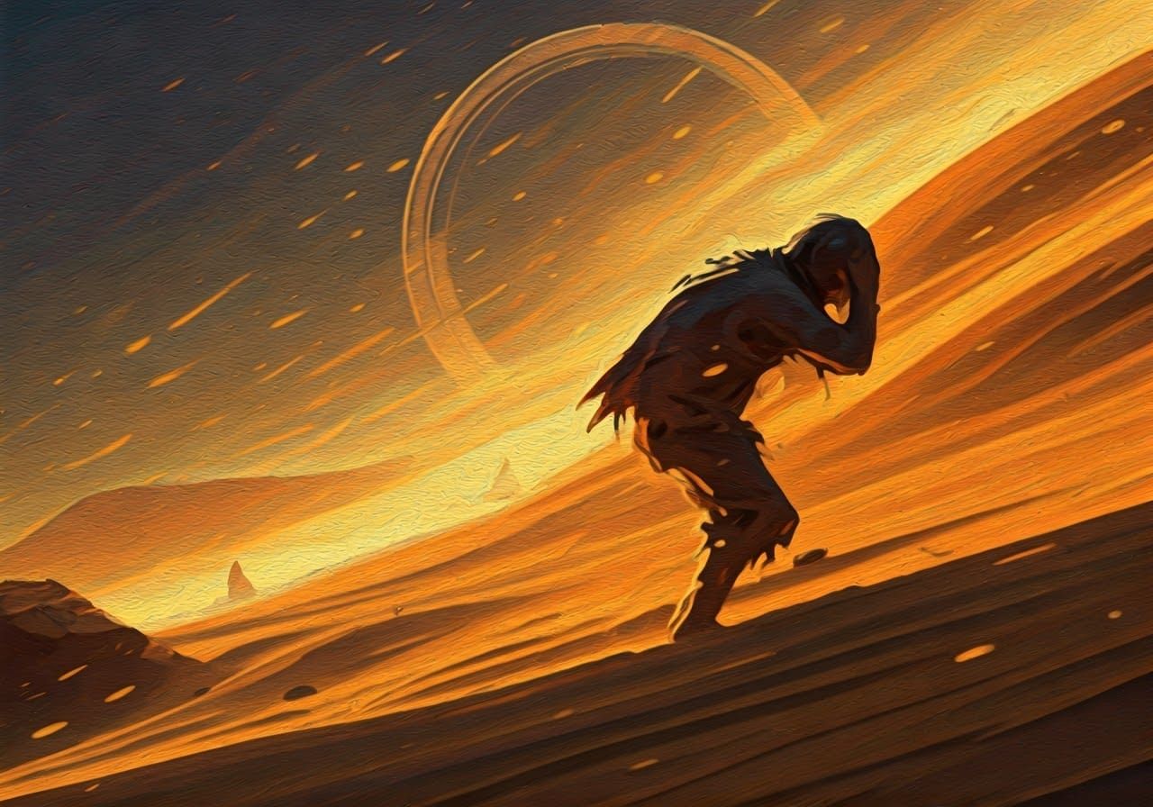 Pointillist Sandstorm Scene with Ancient Ruins