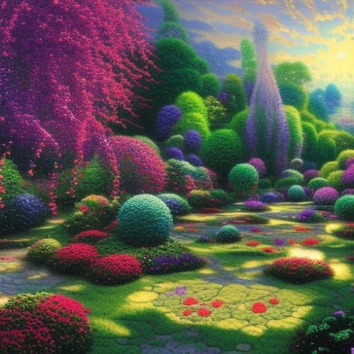 Psychedelic Orbs Floating in Hyperdetailed Country Garden