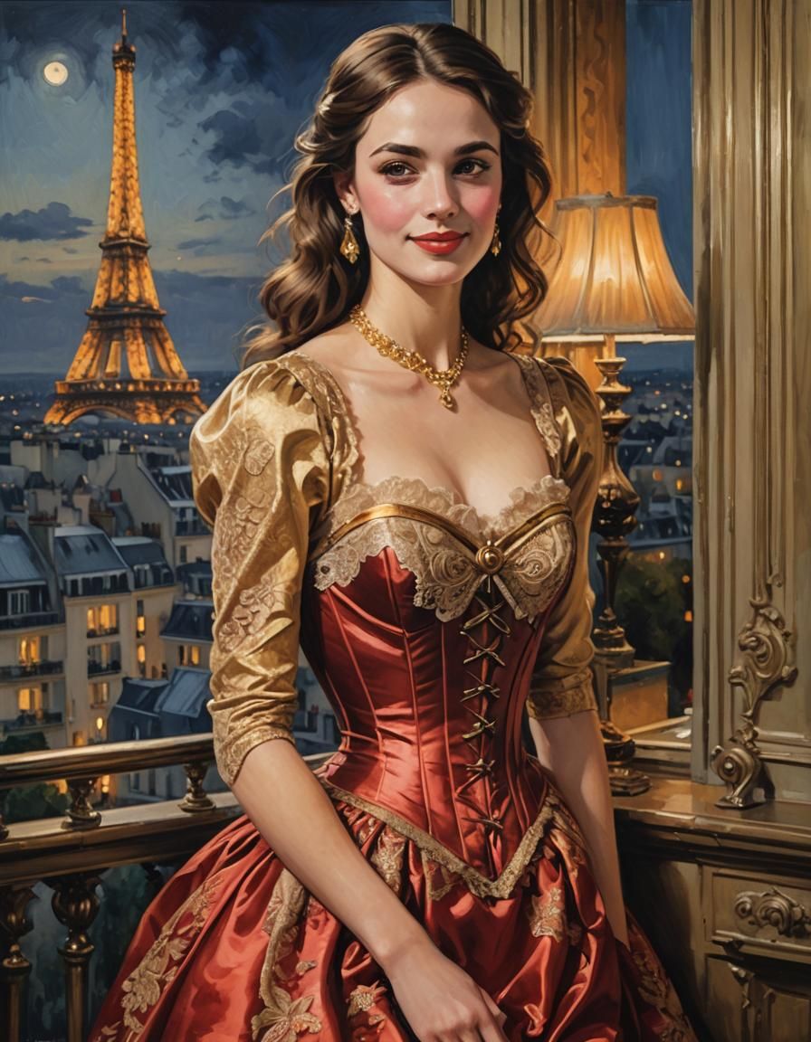 A beautiful young French woman in a red And gold satin and l...