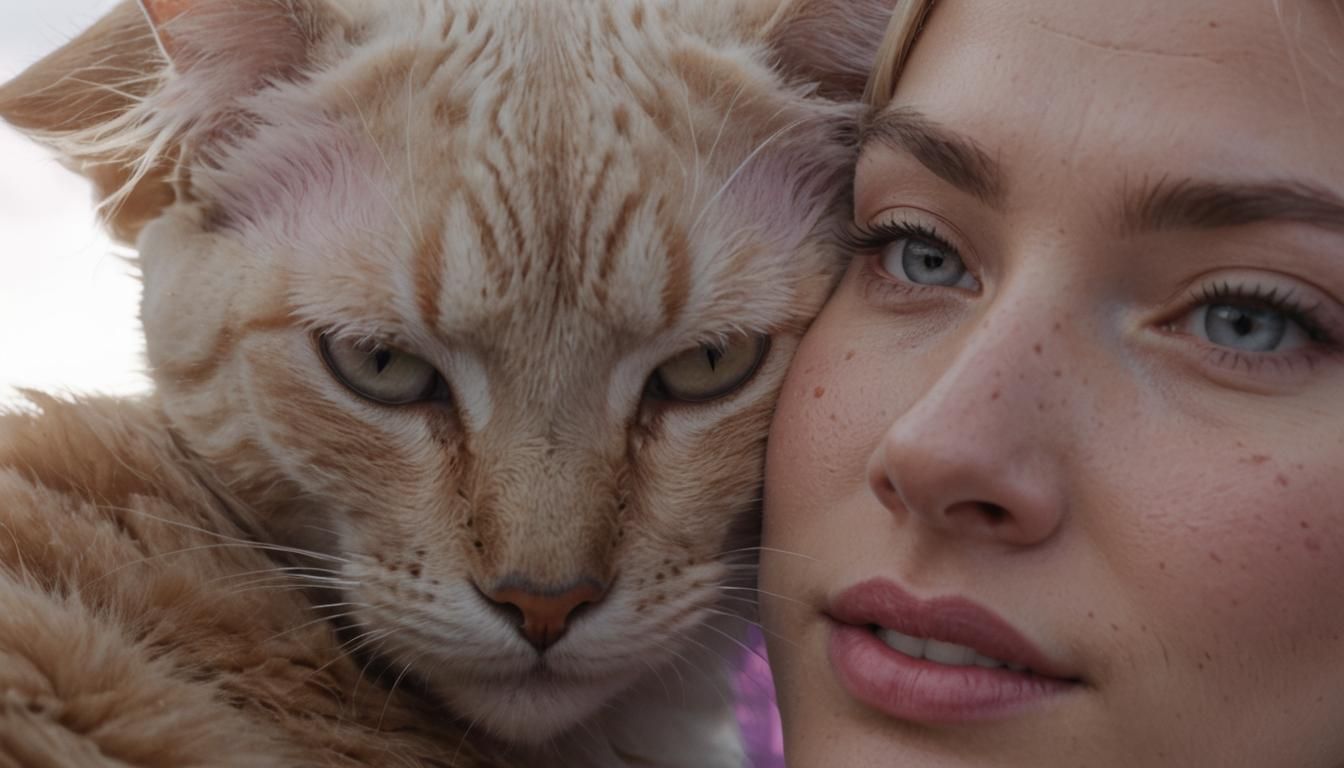 Surreal Faces: Blonde Woman and Cat on Clouds