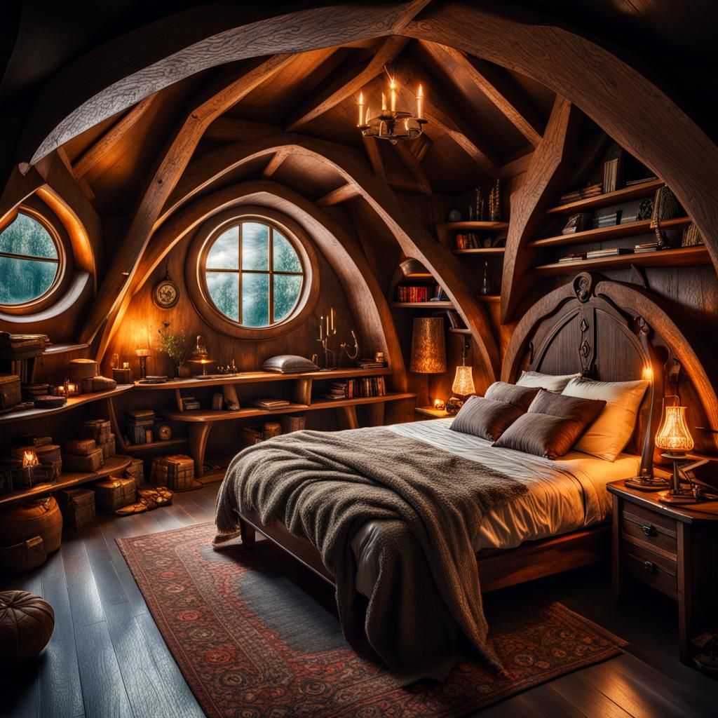 Cozy Hobbit Wizard Bedroom: Hyperrealistic Interior Design