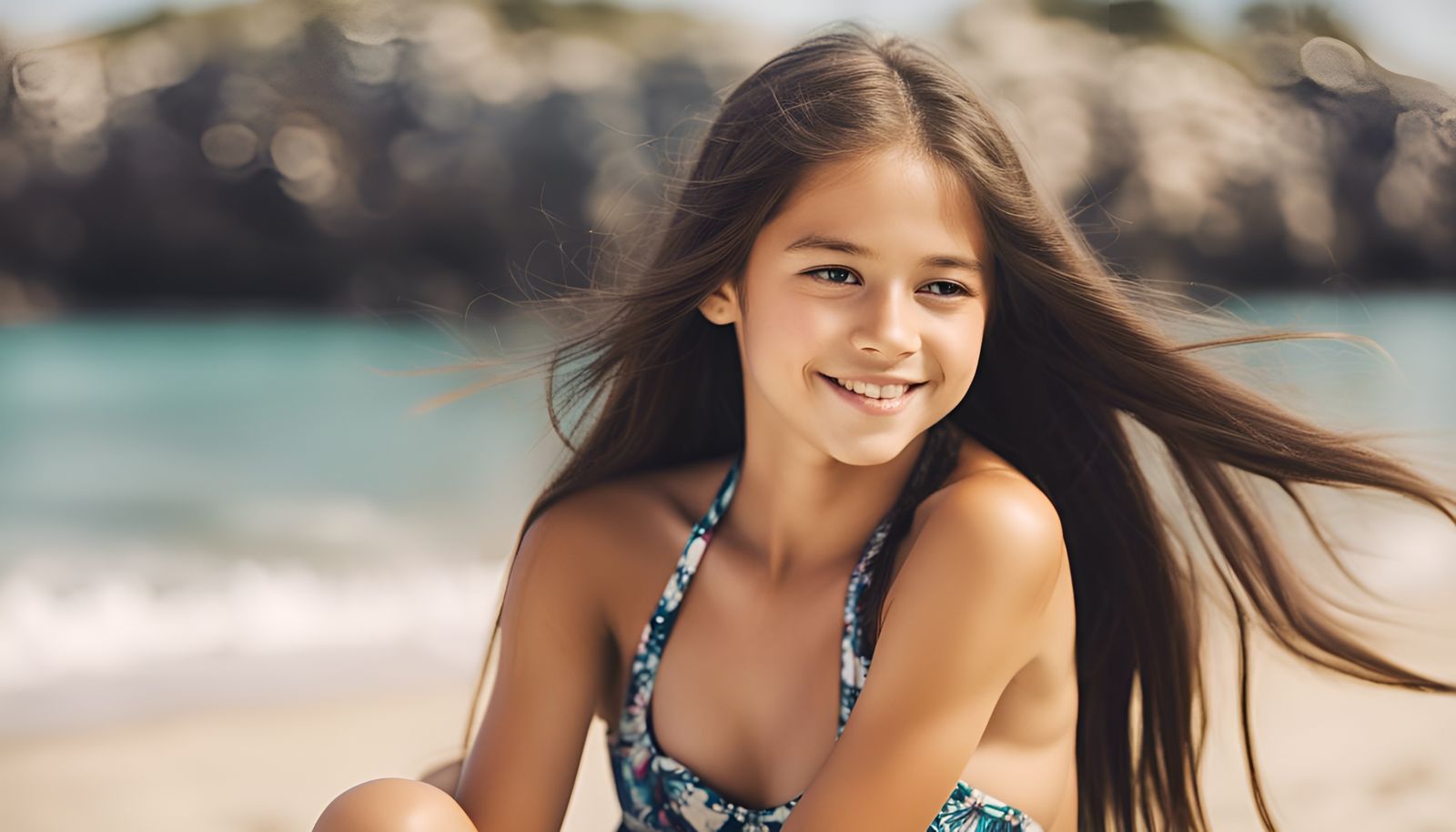 Girl With Long Hair Smiling on Beach