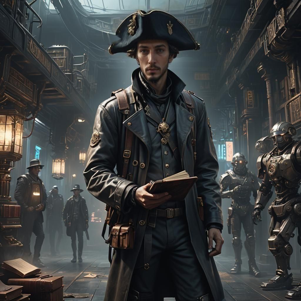 Young Man with Book in Futuristic Sci-Fi Style