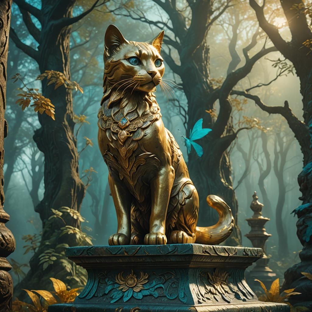 Golden Cat Statue in Mystical Forest