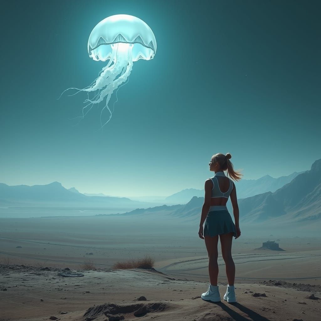 Cheerleader Gazing at Bioluminescent Jellyfish on Alien Plan...