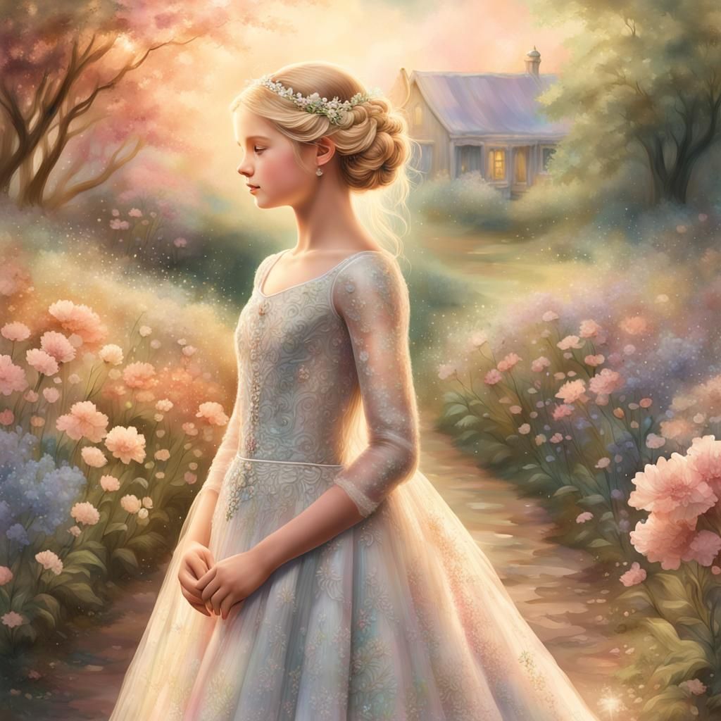Girl in Wedding Dress Amidst Ethereal Flowers
