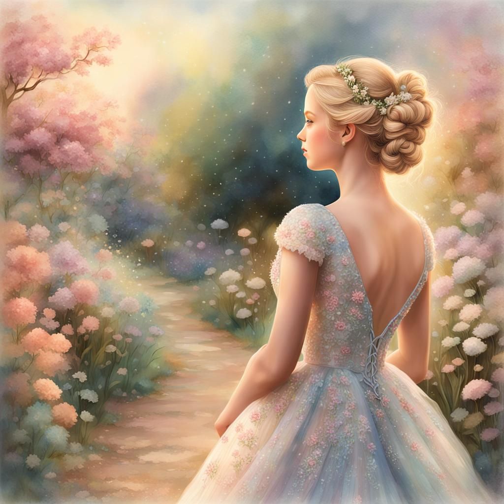 Ethereal Girl in Wedding Dress, Watercolor Portrait