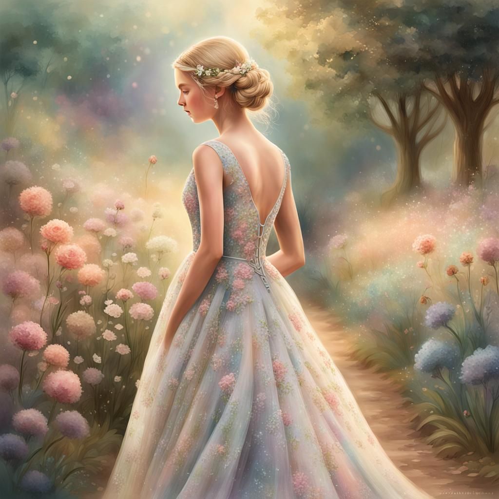 Ethereal Girl in Wedding Dress, Watercolor 3D Portrait