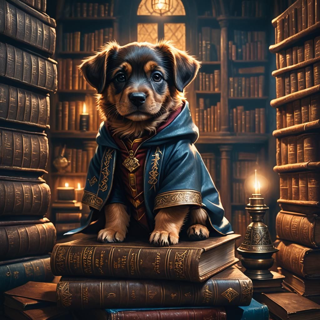Harry Potter Puppy in Mystical Library