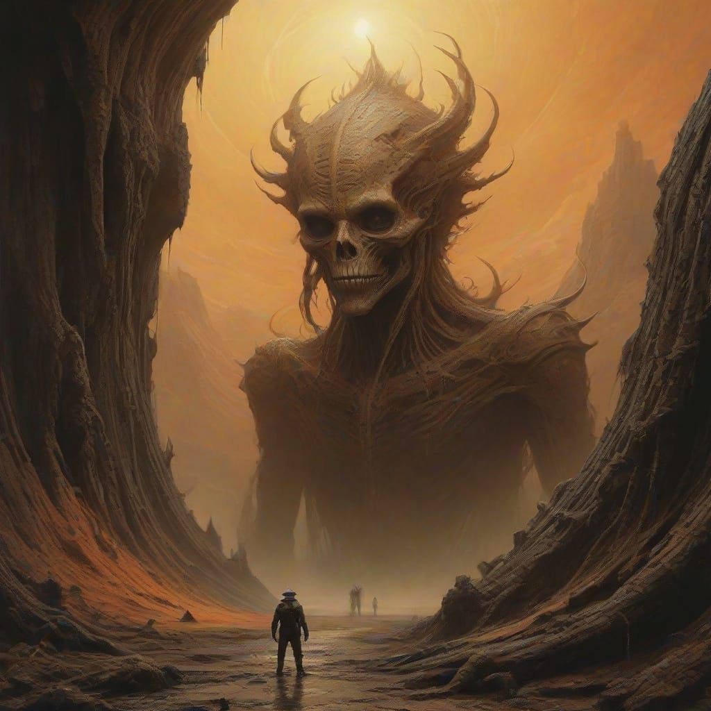 Adventurer at Earth's Core Entrance in Fiery Landscape