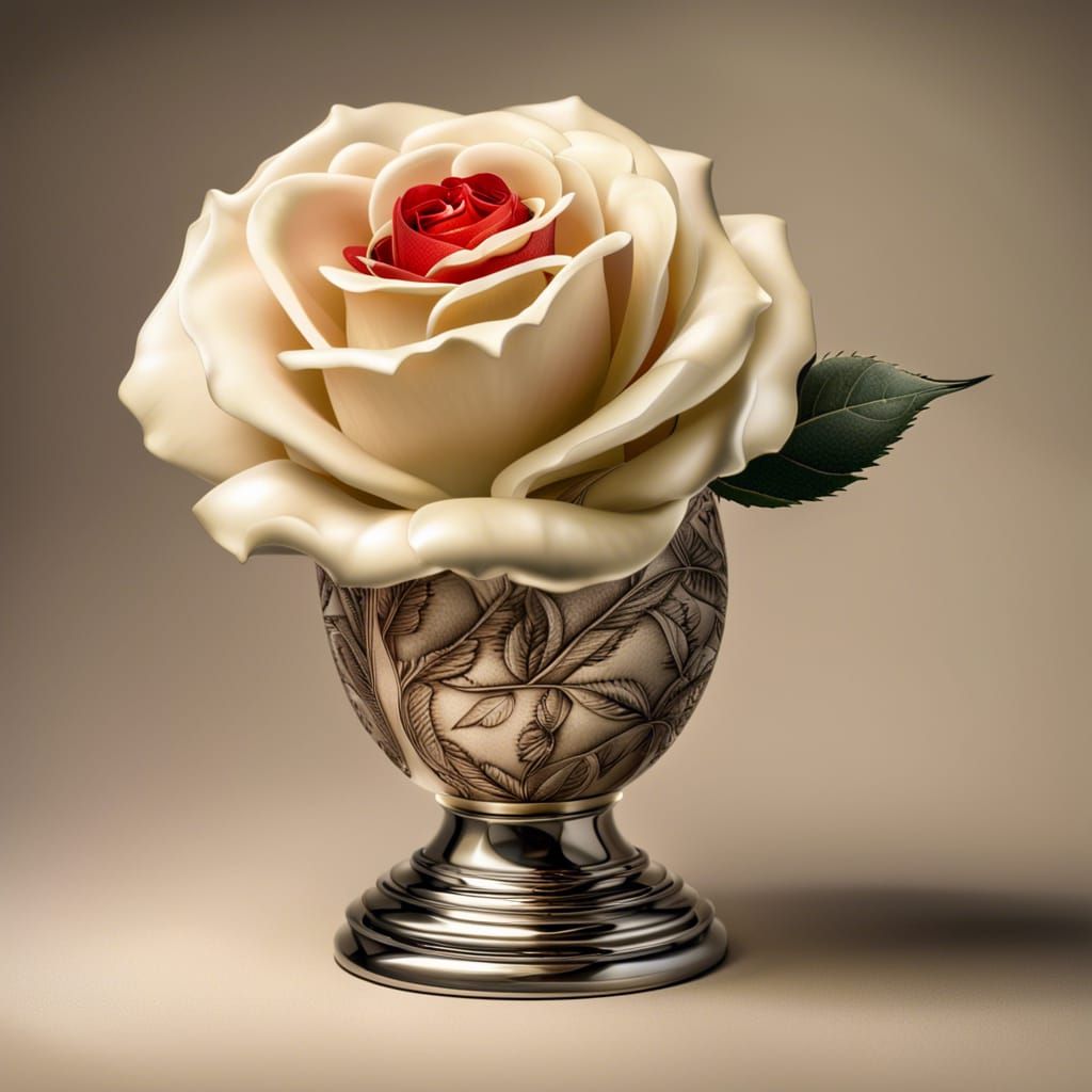 Hyperrealistic Stainless Steel Rose in Ivory Vase