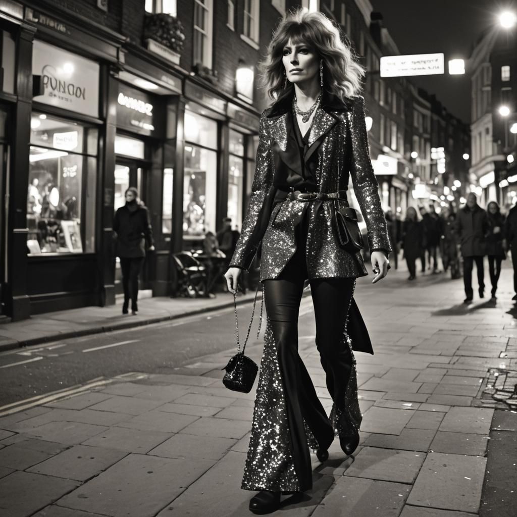 Glam Rock Girl Walking in London at Night