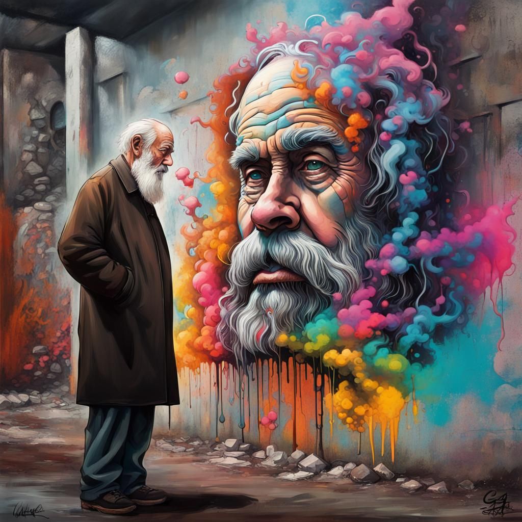 Contemplative Old Man in Graffiti Apocalypse
