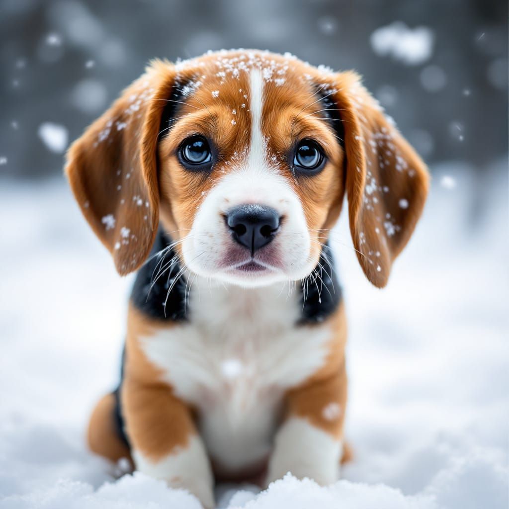 Adorable Baby Beagle Portrait in Snowy Winter Scene