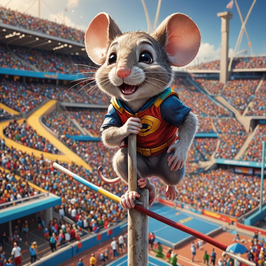 Mouse Superhero Winks from Olympic Pole Vault