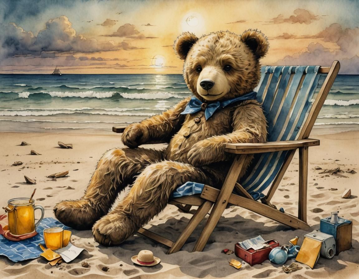Teddy Bear's Whimsical Beach Day in Mixed Media