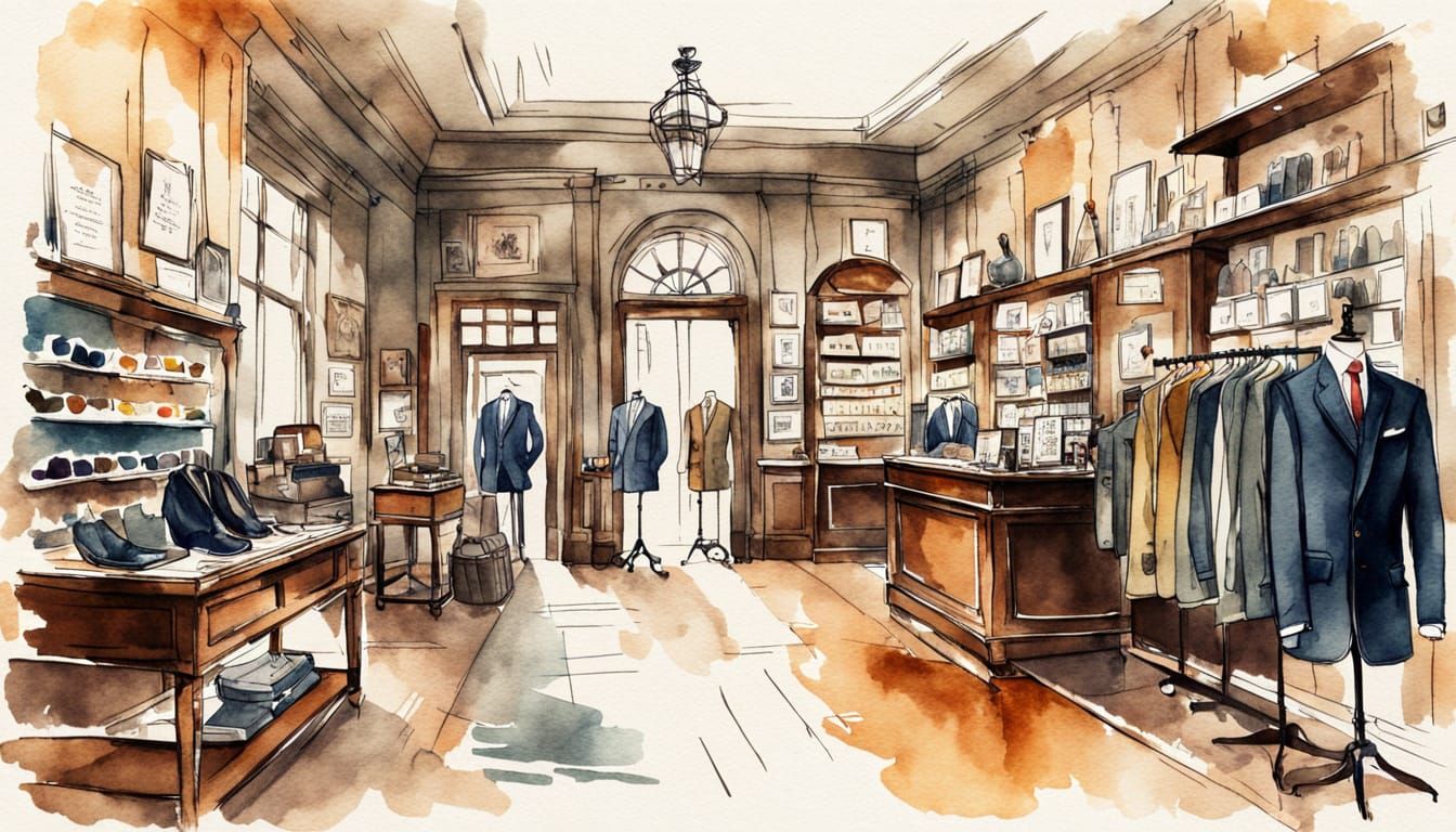 Vintage Men's Boutique Interior Ink Drawing