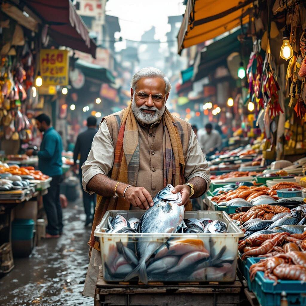 Narendra Modi Sealing Fish, Detailed Realism