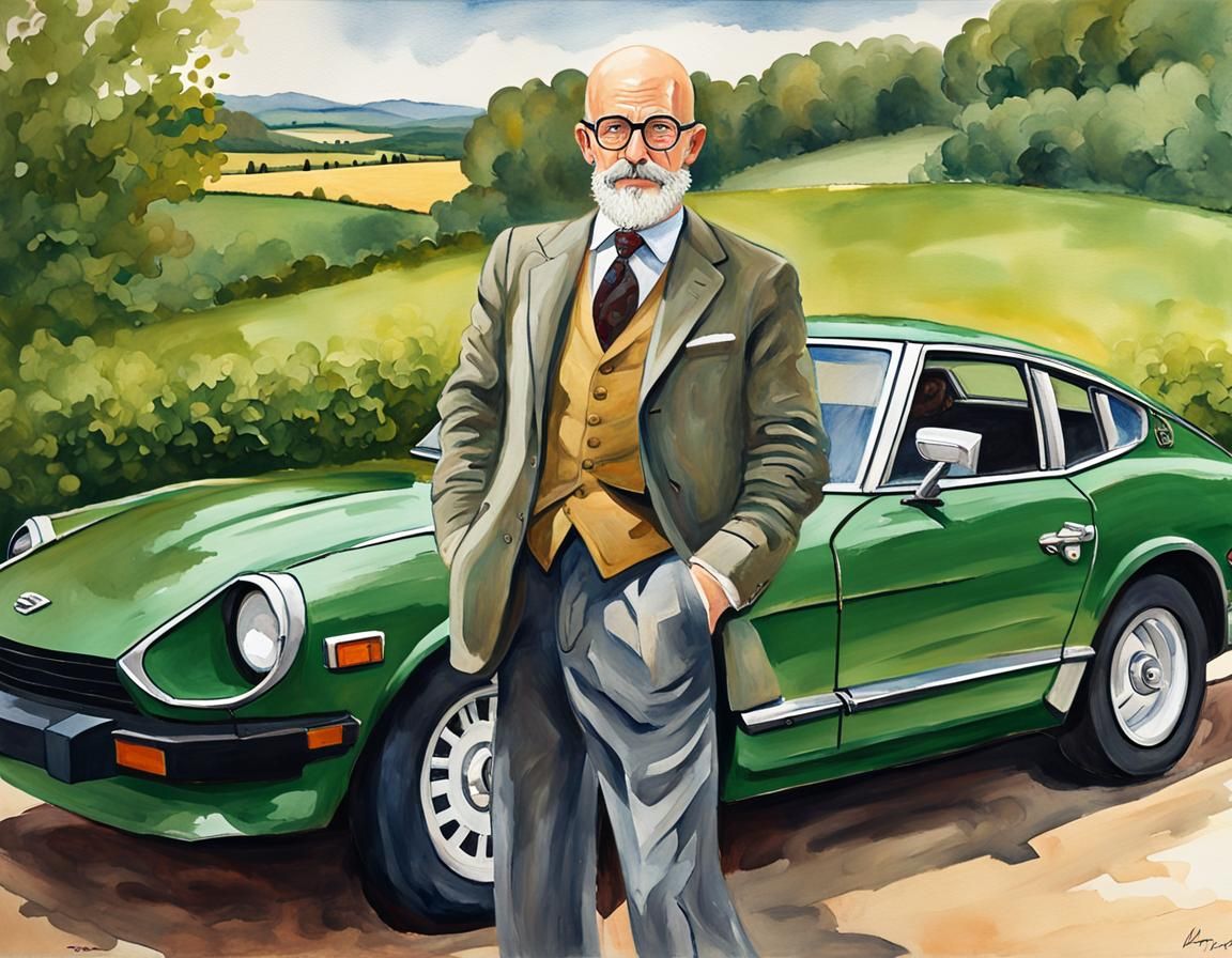 Gouache Painting of Man with Datsun in Italy