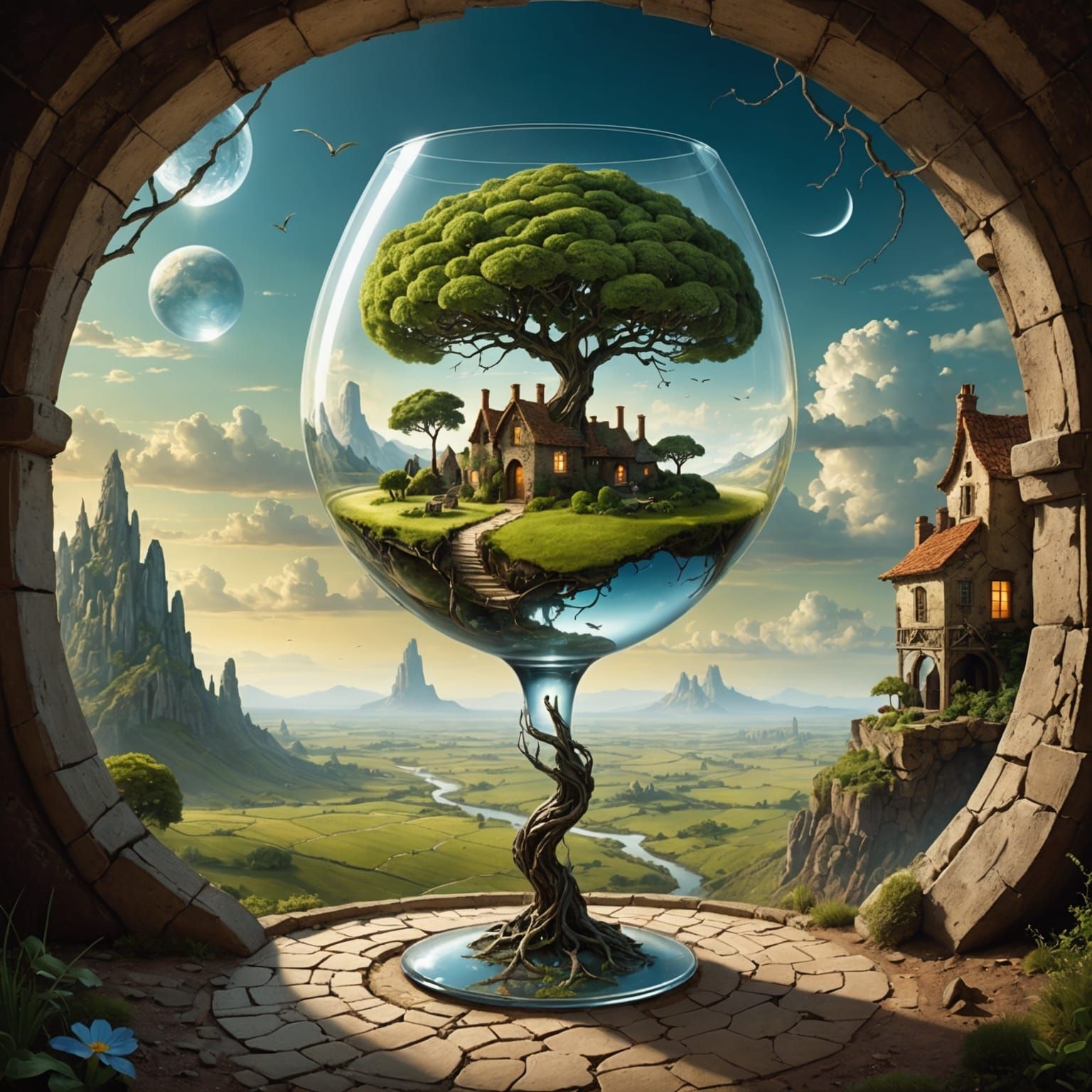 Surreal Landscape Inside Wine Glass Stargate