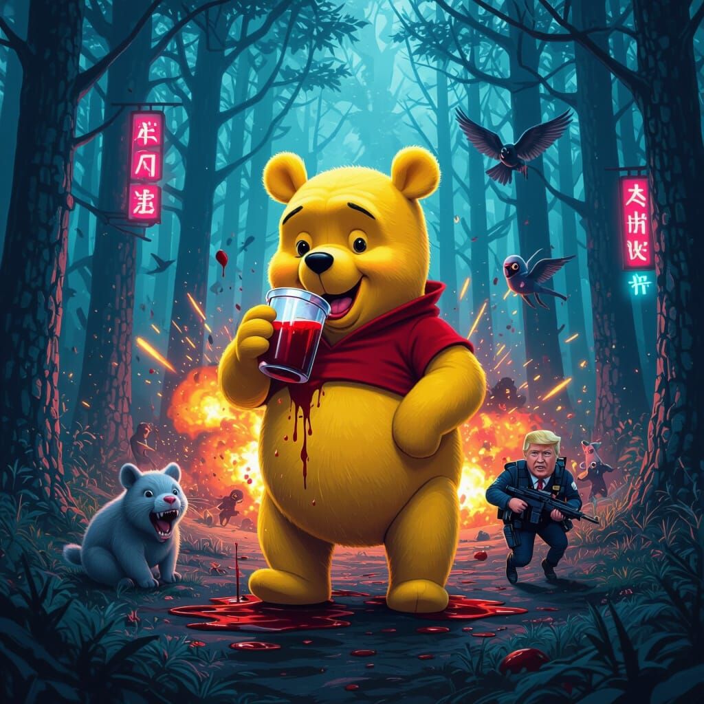 Futuristic Cyberpunk Pooh with Jinping Face Drinks Blood