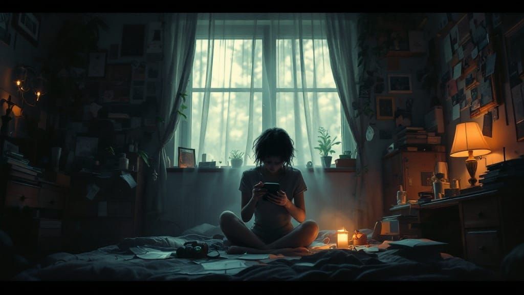 Nostalgic Person Holding Phone in Dimly Lit Room