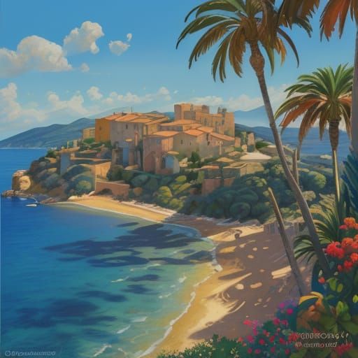 Sardinia Coastal Town Gouache Painting