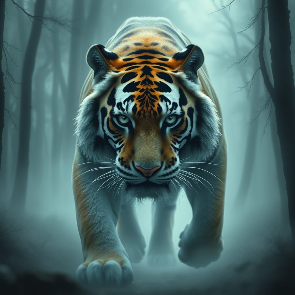 Ethereal Tiger Prowls Misty Forest in a Haunting, Cyberpunk ...
